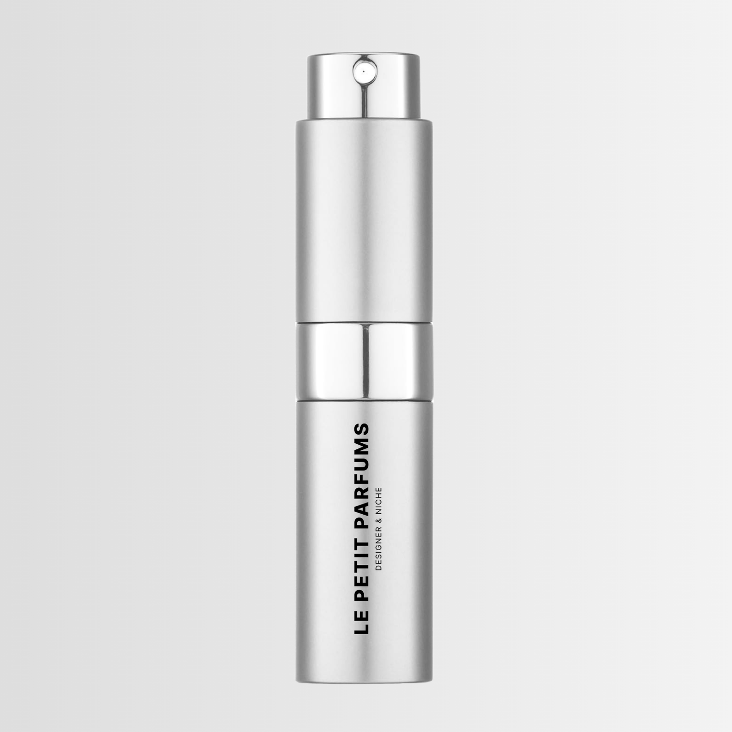 Le Petit Parfums 10ml satin silver atomizer – brushed metal spray with black logo – one-time purchase and subscription option