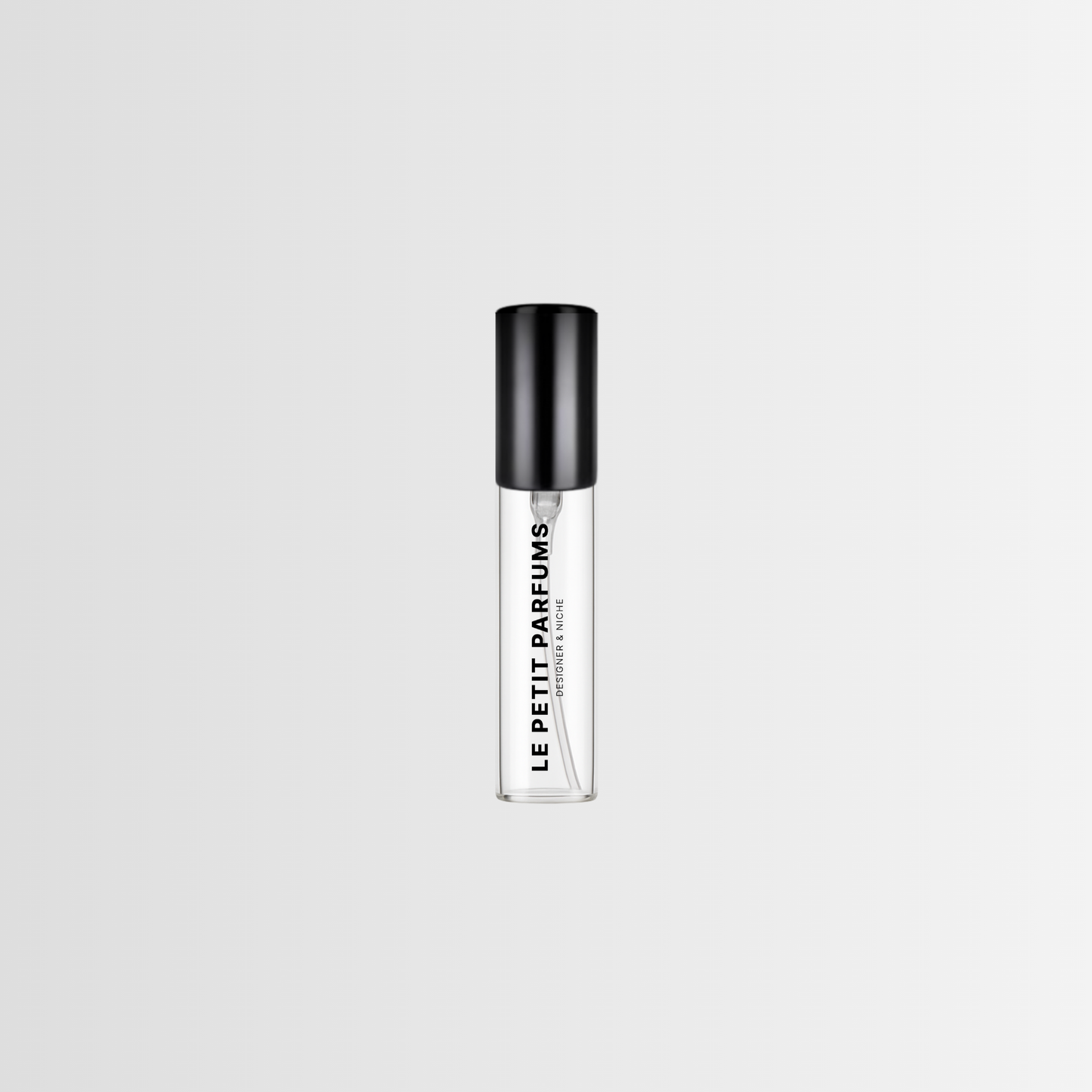 Le Petit Parfums 5ml glass vial – black atomizer with bold vertical logo – one time purchase format