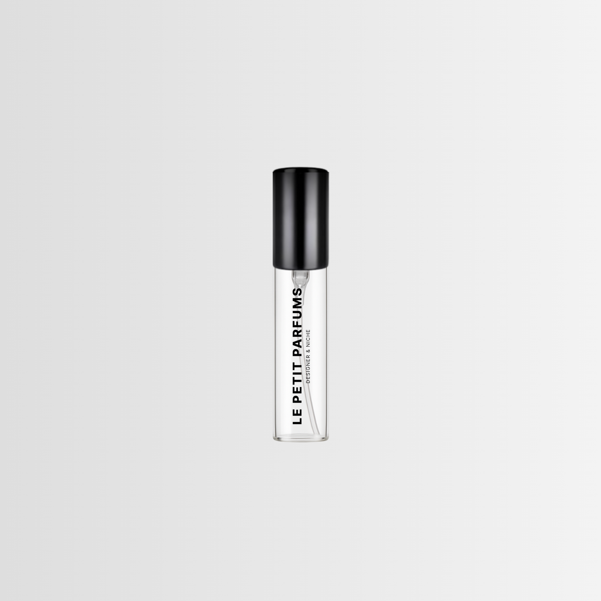 Le Petit Parfums 5ml glass vial – black atomizer with bold vertical logo – one time purchase format