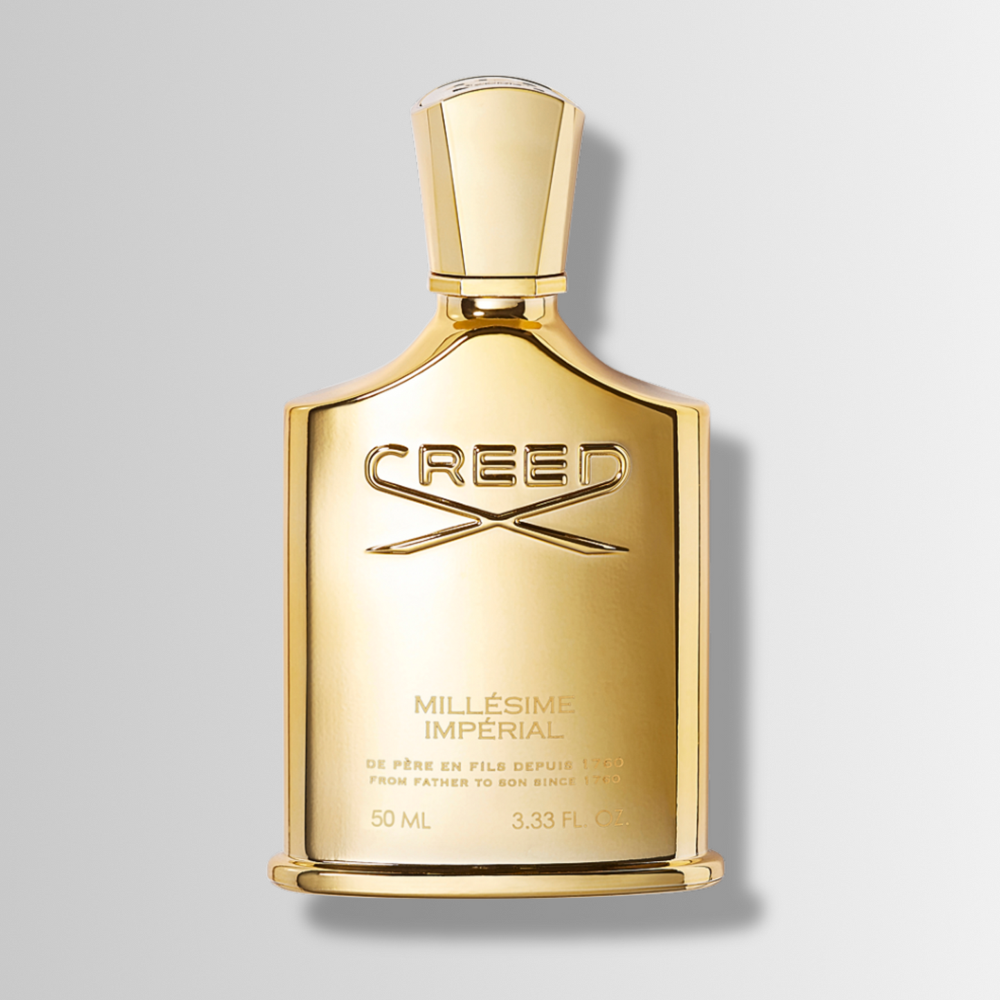 Millesime Imperial – gold metallic flask with embossed crest design – Le Petit Parfums