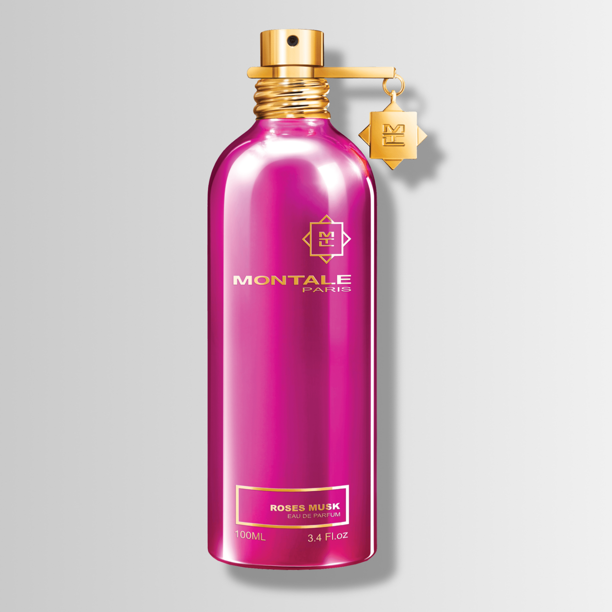 Montale Roses Musk – glossy hot pink aluminum bottle with gold emblem – Le Petit Parfums