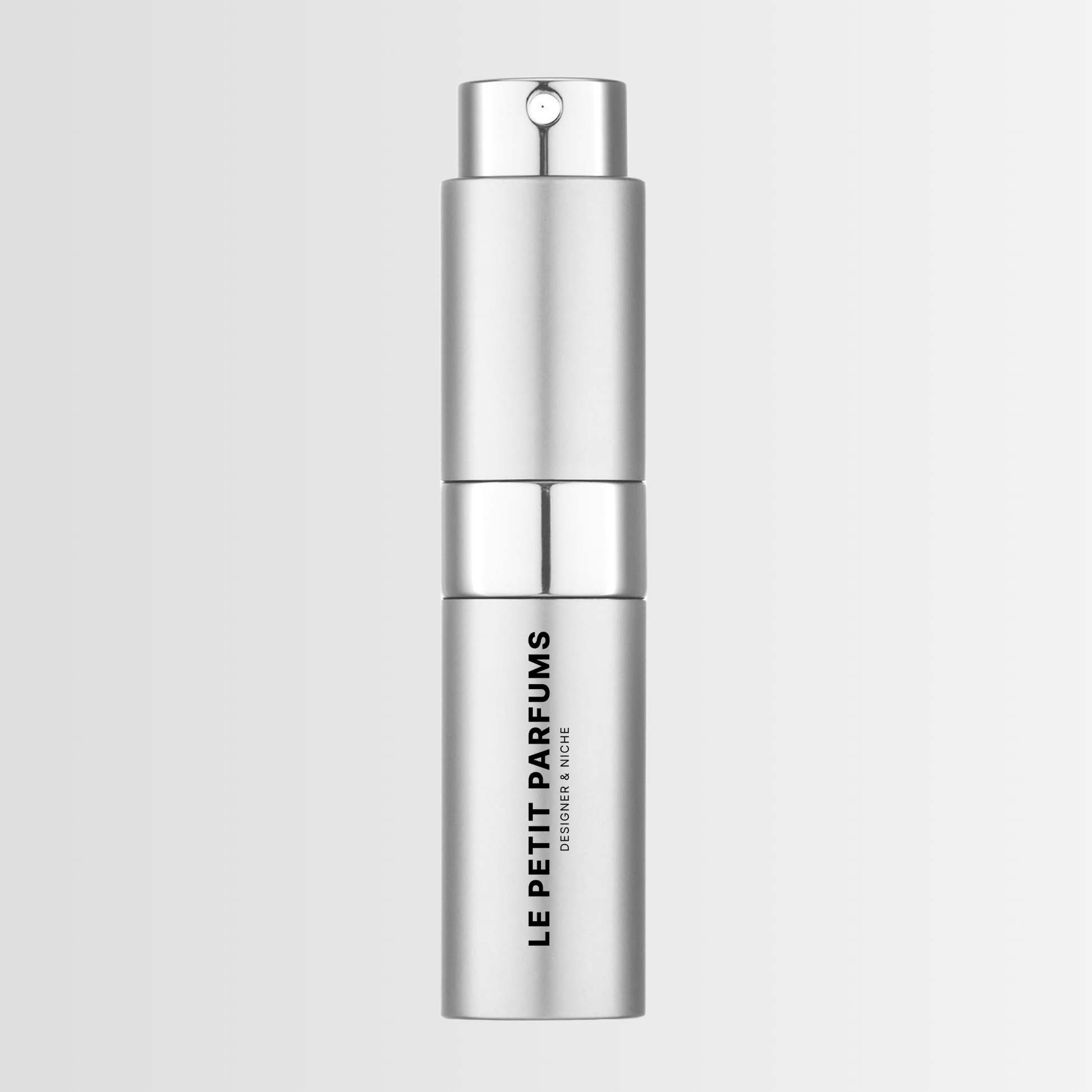 Le Petit Parfums 10ml satin silver atomizer – brushed metal spray with black logo – one-time purchase and subscription option