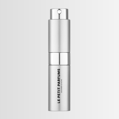 Le Petit Parfums 10ml satin silver atomizer – brushed metal spray with black logo – one-time purchase and subscription option